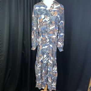 SOCIETY22 Blue Brown Abstract Print Button Down Tiered Midi Dress Small